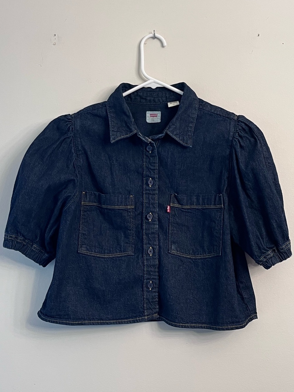 Levi's “Alice” Dark Wash Denim Short Puff Sleeve Button-Up Crop Top